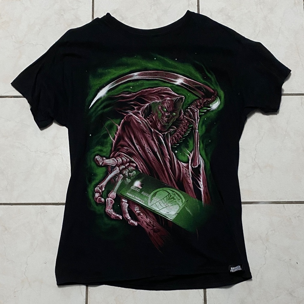 Broken Promises Black Graphic Tee with grim reaper and back design